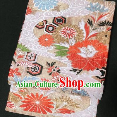 Japanese Nagoya Traditional Embroidered Peony Pattern White Brocade Waistband Japan Kimono Yukata Belt for Women