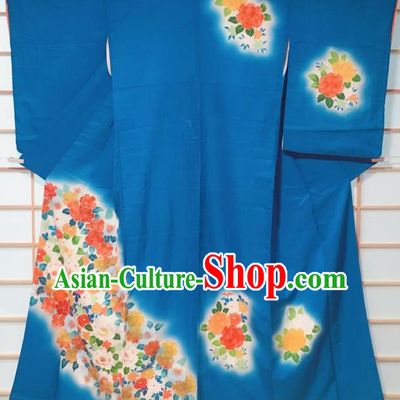 Traditional Japanese Deep Blue Tsukesage Kimono Japan Classical Peony Pattern Yukata Dress Costume for Women