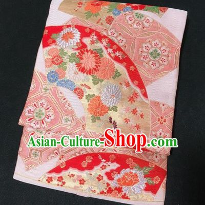 Japanese Nagoya Traditional Embroidered Pattern White Brocade Waistband Japan Kimono Yukata Belt for Women