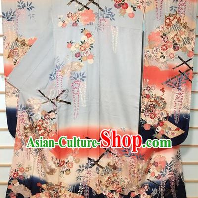 Traditional Japanese Light Blue Furisode Kimono Japan Classical Wisteria Pattern Yukata Dress Costume for Women