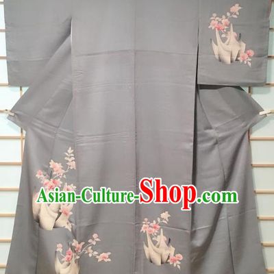 Traditional Japanese Grey Tsukesage Kimono Japan Classical Flower Pattern Yukata Dress Costume for Women