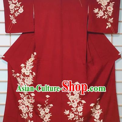 Traditional Japanese Red Tsukesage Kimono Japan Classical Daisy Pattern Yukata Dress Costume for Women