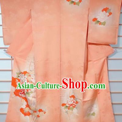 Traditional Japanese Orange Tsukesage Kimono Japan Classical Peony Pattern Yukata Dress Costume for Women