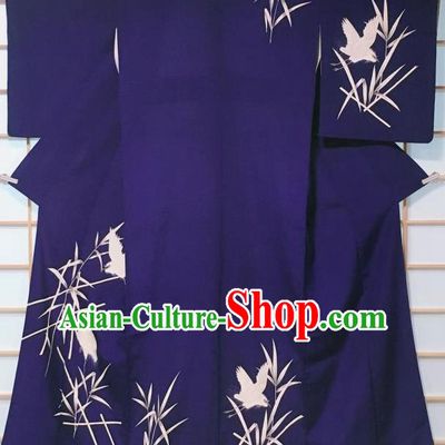 Traditional Japanese Deep Blue Tsukesage Kimono Japan Classical Reed Egret Pattern Yukata Dress Costume for Women