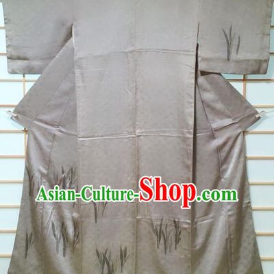 Traditional Japanese Grey Tsukesage Kimono Japan Classical Leaf Pattern Yukata Dress Costume for Women
