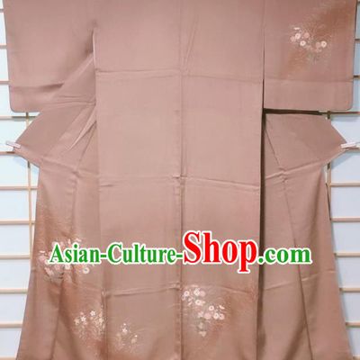Traditional Japanese Light Brown Tsukesage Kimono Japan Classical Daisy Pattern Yukata Dress Costume for Women