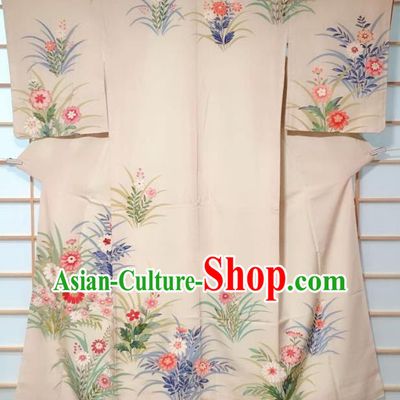 Traditional Japanese Beige Tsukesage Kimono Japan Classical Daisy Pattern Yukata Dress Costume for Women