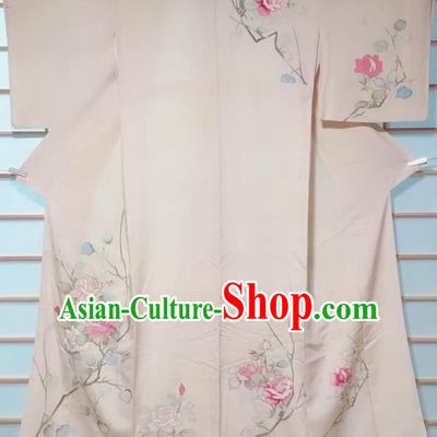 Traditional Japanese Beige Tsukesage Kimono Japan Classical Roses Pattern Yukata Dress Costume for Women