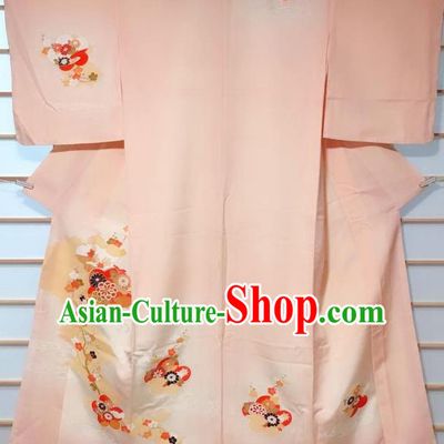 Traditional Japanese Light Pink Tsukesage Kimono Japan Classical Plum Chrysanthemum Pattern Yukata Dress Costume for Women