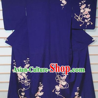 Traditional Japanese Deep Blue Tsukesage Kimono Japan Classical Daisy Butterfly Pattern Yukata Dress Costume for Women