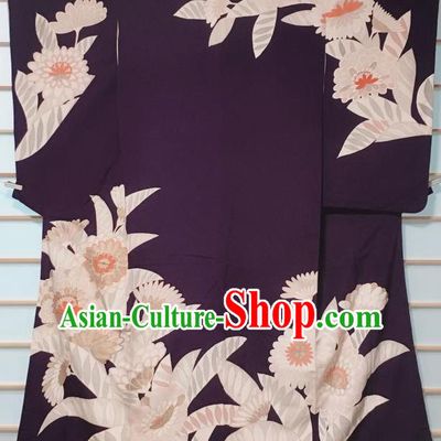 Traditional Japanese Deep Purple Tsukesage Kimono Japan Classical Chrysanthemum Pattern Yukata Dress Costume for Women