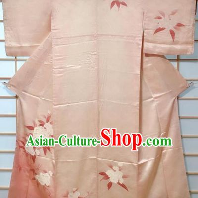 Traditional Japanese Pink Tsukesage Kimono Japan Classical Camellia Pattern Yukata Dress Costume for Women