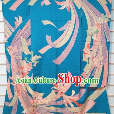 Traditional Japanese Blue Furisode Kimono Japan Classical Ribbon Pattern Yukata Dress Costume for Women