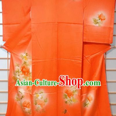 Traditional Japanese Orange Tsukesage Kimono Japan Classical Peony Pattern Yukata Dress Costume for Women