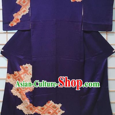 Traditional Japanese Navy Silk Tsukesage Kimono Japan Classical Butterfly Pattern Yukata Dress Costume for Women