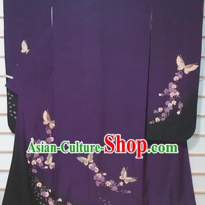 Traditional Japanese Purple Furisode Kimono Japan Classical Butterfly Pattern Yukata Dress Costume for Women