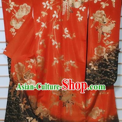 Traditional Japanese Red Furisode Kimono Japan Classical Butterfly Pattern Yukata Dress Costume for Women