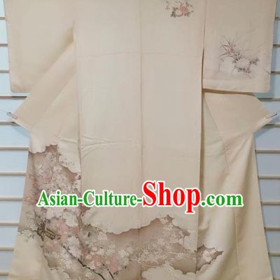 Traditional Japanese Beige Tsukesage Kimono Japan Classical Chrysanthemum Peony Pattern Yukata Dress Costume for Women