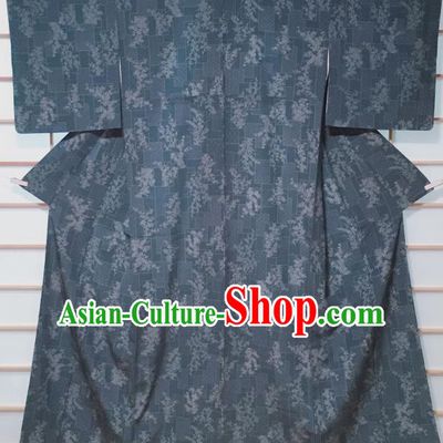 Traditional Japanese Grey Blue Tsukesage Kimono Japan Classical Flowers Pattern Yukata Dress Costume for Women
