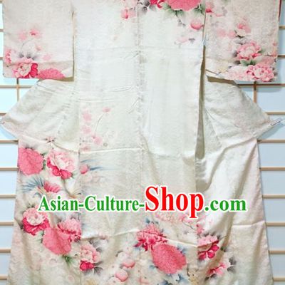 Traditional Japanese White Tsukesage Kimono Japan Classical Peacock Peony Pattern Yukata Dress Costume for Women