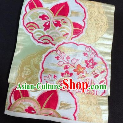 Japanese Nagoya Traditional Flowers Pattern Light Golden Brocade Waistband Japan Kimono Yukata Belt for Women
