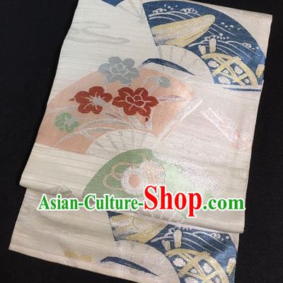 Japanese Nagoya Traditional Fan Pattern White Brocade Waistband Japan Kimono Yukata Belt for Women