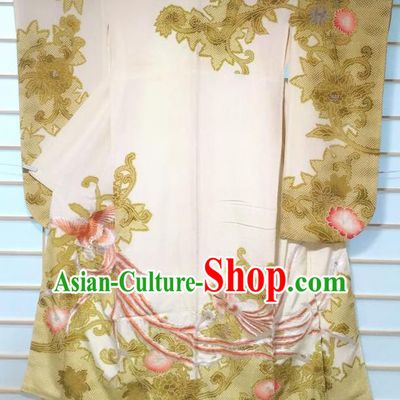 Traditional Japanese Embroidered Beige Furisode Kimono Japan Classical Phoenix Peony Pattern Yukata Dress Costume for Women