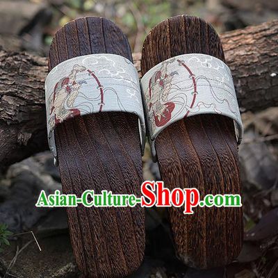 Traditional Japanese Thor Pattern Grey Geta Slippers Asian Japan Clogs Shoes for Men