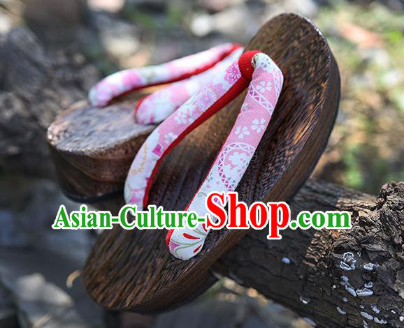 Traditional Japanese Sakura Pattern Pink Geta Slippers Asian Japan Clogs Shoes for Women
