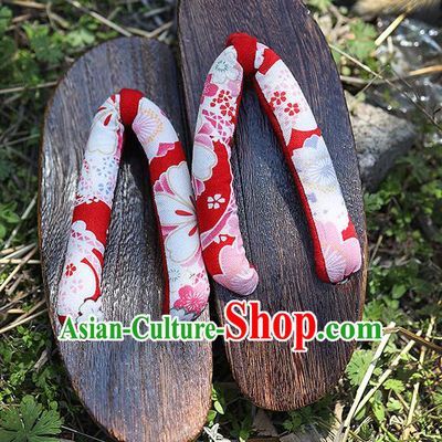 Traditional Japanese Sakura Pattern Red Geta Slippers Asian Japan Clogs Shoes for Women