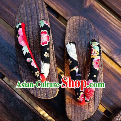 Traditional Japanese Crane Sakura Pattern Black Geta Slippers Asian Japan Clogs Shoes for Women