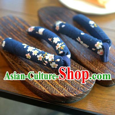 Traditional Japanese Sakura Pattern Deep Blue Geta Slippers Asian Japan Clogs Shoes for Women
