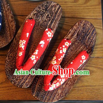 Traditional Japanese Sakura Pattern Red Geta Slippers Asian Japan Clogs Shoes for Women