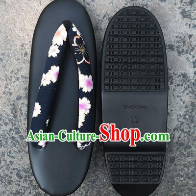 Traditional Japanese Sakura Pattern Black Zori Geta Slippers Asian Japan Clogs Shoes for Women