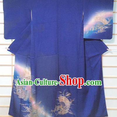 Traditional Japanese Printing Deep Blue Tsukesage Kimono Japan Classical Chrysanthemum Fan Pattern Yukata Dress Costume for Women