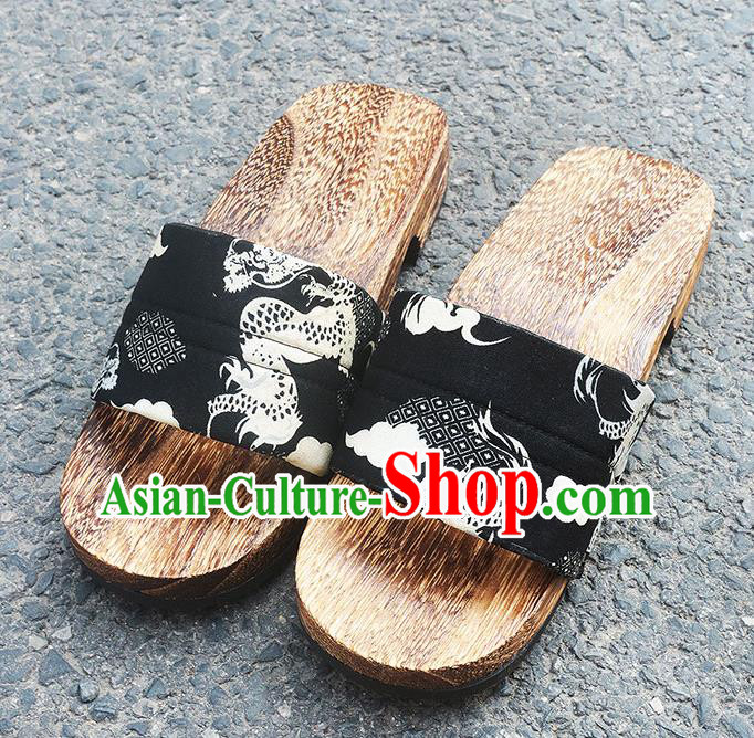 Traditional Japanese Dragon Pattern Black Geta Slippers Asian Japan Clogs Shoes for Men Traditional Japanese Dragon Pattern Black Geta Slippers Asian Japan Clogs Shoes for Men