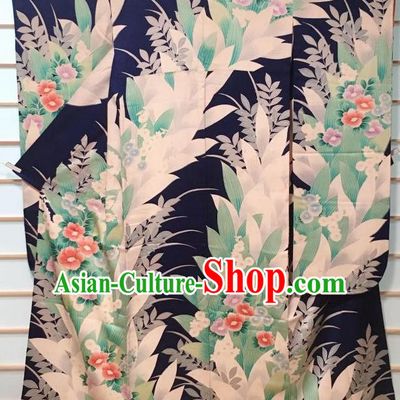 Traditional Japanese Navy Furisode Kimono Japan Classical Camellia Pattern Yukata Dress Costume for Women
