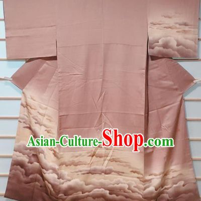 Traditional Japanese Brown Tsukesage Kimono Japan Classical Cloud Pattern Yukata Dress Costume for Women