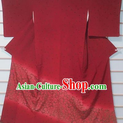 Traditional Japanese Dark Red Tsukesage Kimono Japan Classical Maple Leaf Pattern Yukata Dress Costume for Women