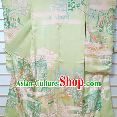 Traditional Japanese Light Green Furisode Kimono Japan Classical Gharry Pattern Yukata Dress Costume for Women