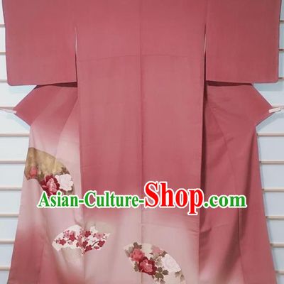 Traditional Japanese Red Uchikake Kimono Japan Classical Peony Pattern Yukata Dress Costume for Women