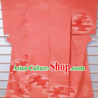Traditional Japanese Orange Tsukesage Kimono Japan Classical Butterfly Pattern Yukata Dress Costume for Women