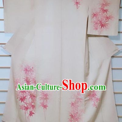 Traditional Japanese Beige Tsukesage Kimono Japan Classical Maple Leaf Pattern Yukata Dress Costume for Women