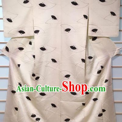 Traditional Japanese White Kimono Japan Classical Fans Pattern Yukata Dress Costume for Women