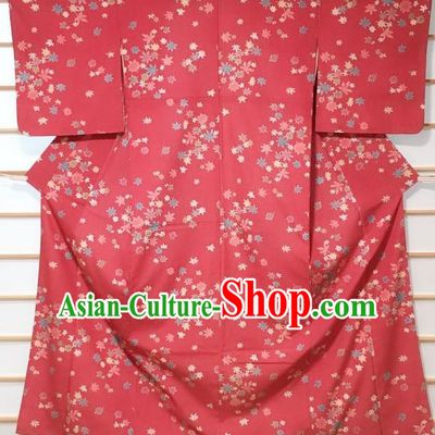 Traditional Japanese Rosy Kimono Japan Classical Maple Leaf Pattern Yukata Dress Costume for Women