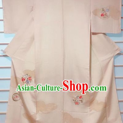 Traditional Japanese Beige Embroidered Tsukesage Kimono Japan Classical Chrysanthemum Pattern Yukata Dress Costume for Women
