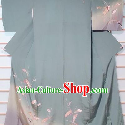 Traditional Japanese Blue Tsukesage Kimono Japan Classical Leaf Pattern Yukata Dress Costume for Women