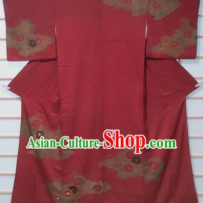 Traditional Japanese Amaranth Tsukesage Kimono Japan Classical Chrysanthemum Pattern Yukata Dress Costume for Women