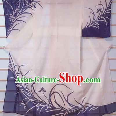 Traditional Japanese White Tsukesage Kimono Japan Classical Orchid Pattern Yukata Dress Costume for Women