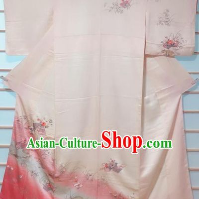 Traditional Japanese Light Pink Tsukesage Kimono Japan Classical Flowers Pattern Yukata Dress Costume for Women